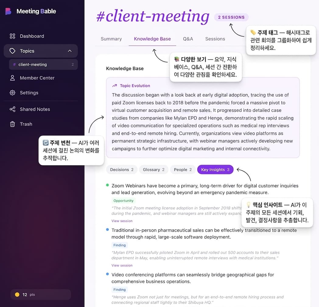 주제 지식 베이스와 교차 세션 인사이트