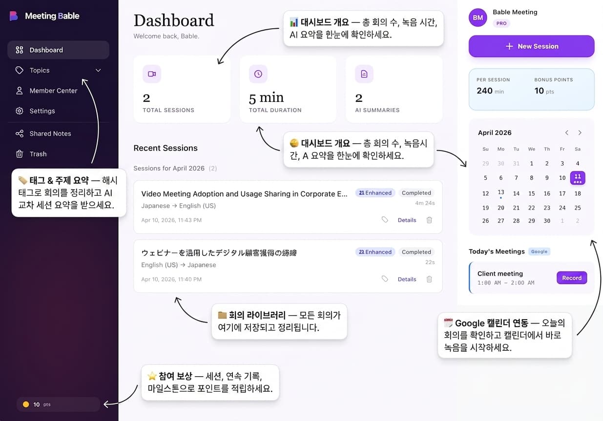 Meeting Bable 세션 화면: 중국어에서 영어로의 실시간 번역과 AI 요약