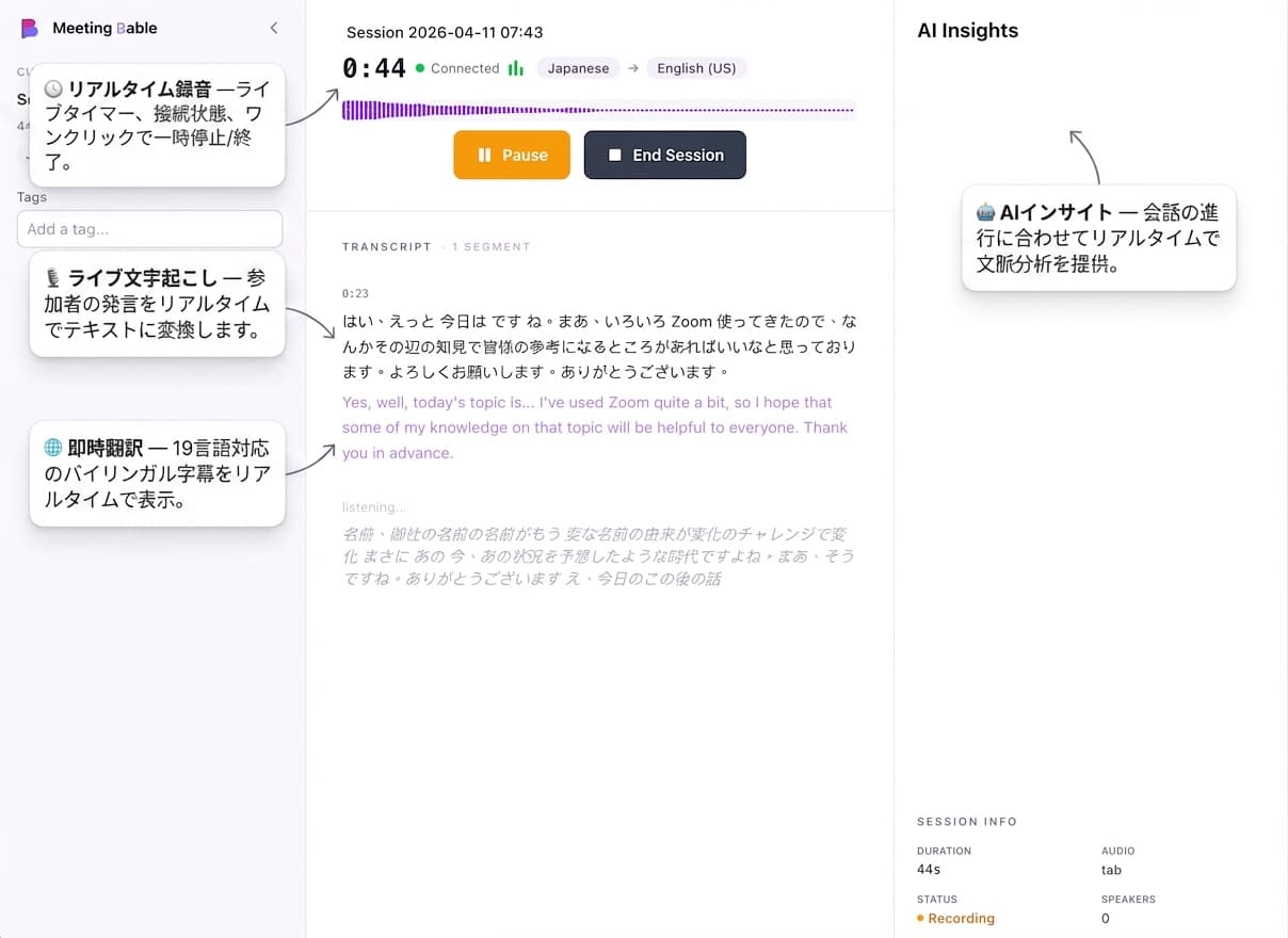 リアルタイム音声認識による文字起こし中の画面