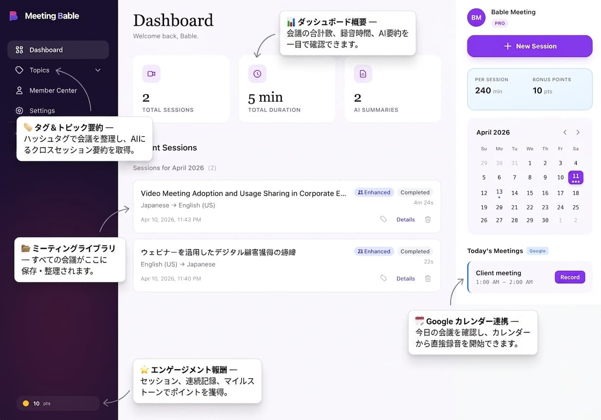 Meeting Bableのセッション画面:中国語から英語へのリアルタイム翻訳とAI要約