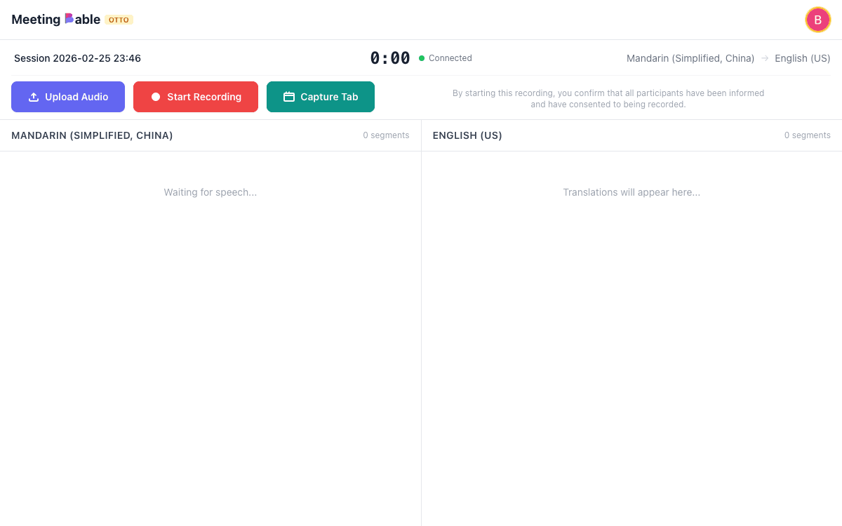 Creating a new session with language pair selection