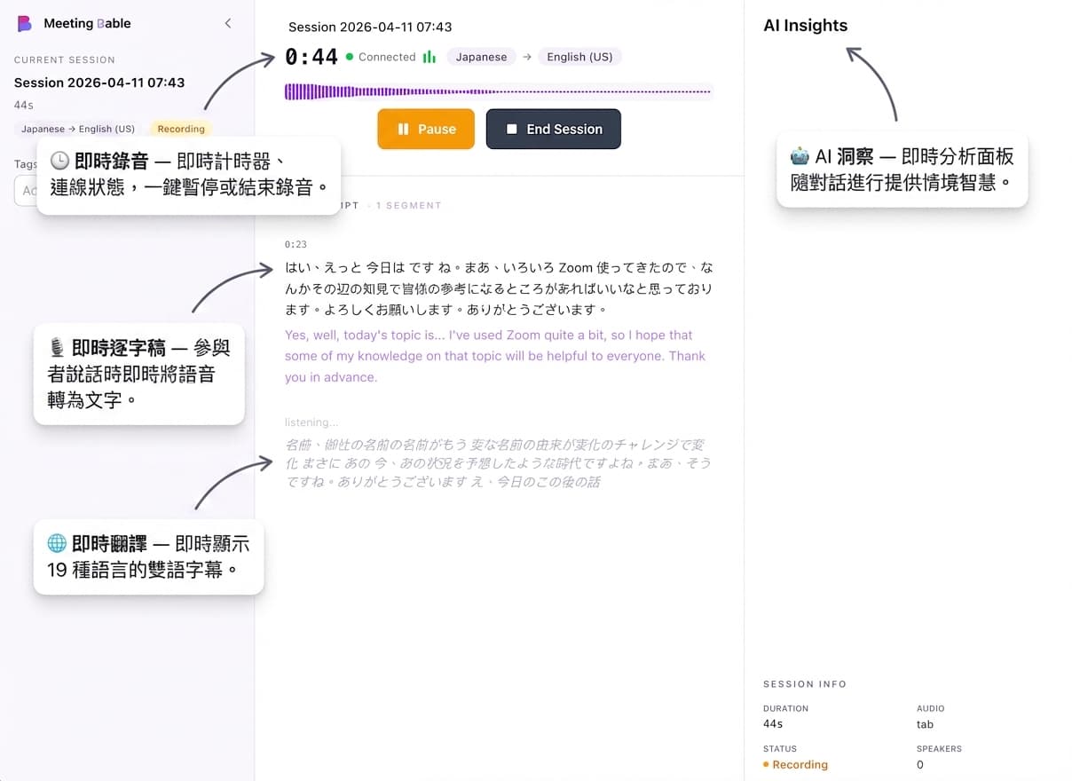 即時語音辨識進行中的逐字稿畫面